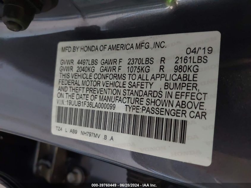 2020 Acura Tlx Standard VIN: 19UUB1F36LA000099 Lot: 39760449