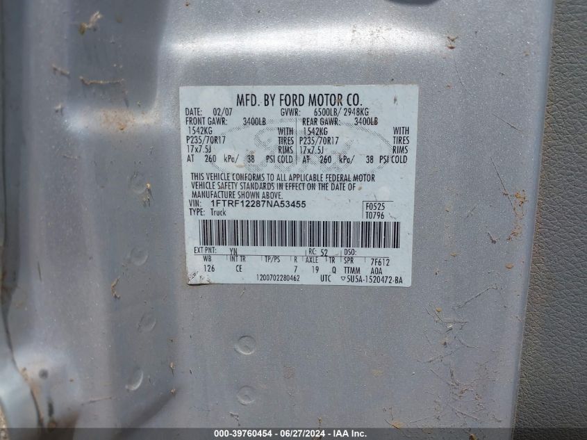 2007 Ford F-150 Stx/Xl/Xlt VIN: 1FTRF12287NA53455 Lot: 39760454