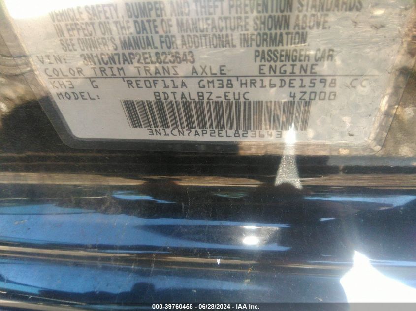 2014 Nissan Versa S/S Plus/Sv/Sl VIN: 3N1CN7AP2EL823643 Lot: 39760458