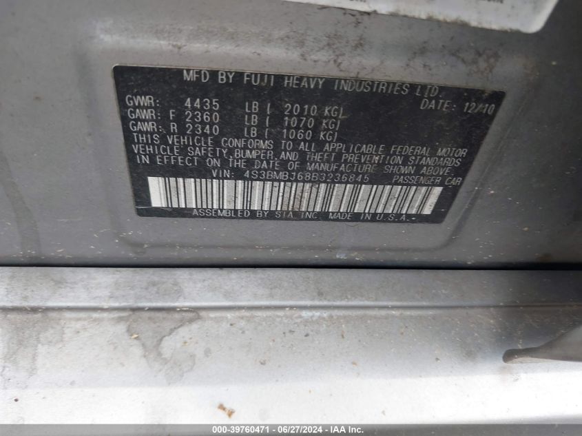 2011 Subaru Legacy 2.5I Limited VIN: 4S3BMBJ68B3236845 Lot: 39760471