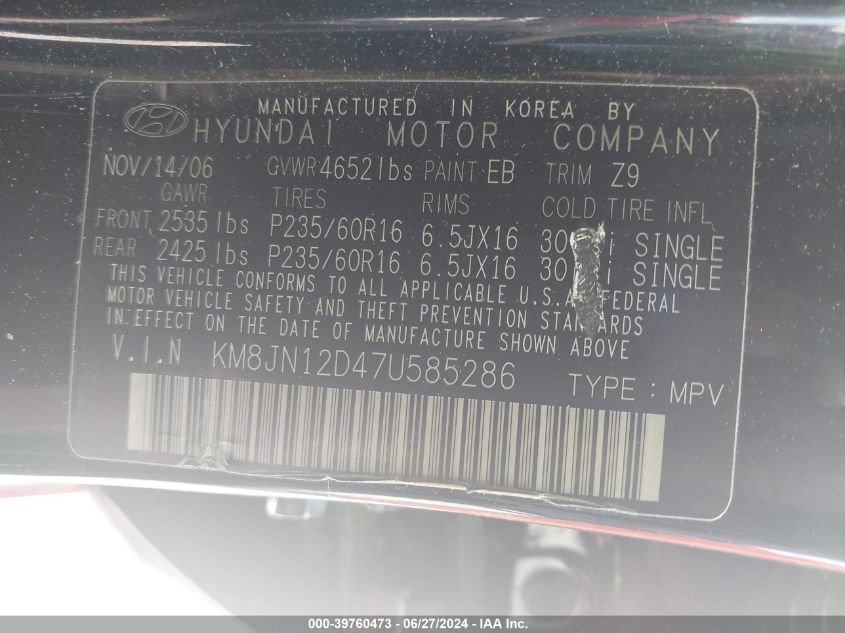 2007 Hyundai Tucson Limited/Se VIN: KM8JN12D47U585286 Lot: 39760473