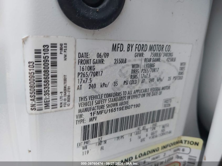 2009 Ford Expedition Ssv/Xlt VIN: 1FMFU16519EB07190 Lot: 39760474