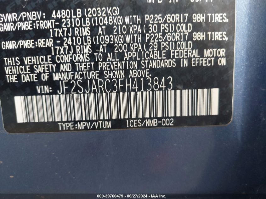 2015 Subaru Forester 2.5I Limited VIN: JF2SJARC3FH413843 Lot: 39760479