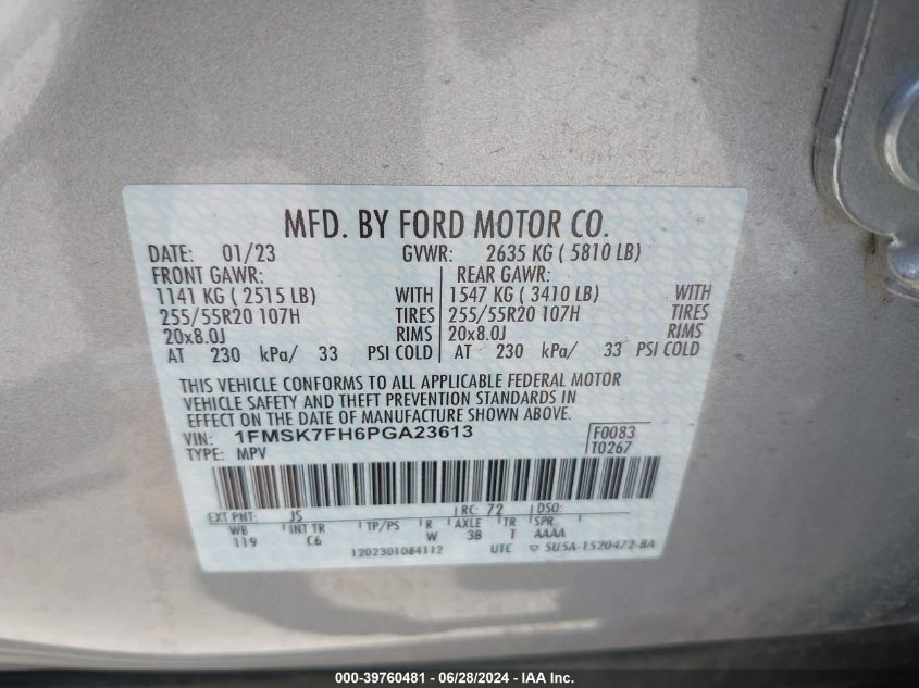 2023 Ford Explorer Limited VIN: 1FMSK7FH6PGA23613 Lot: 39760481