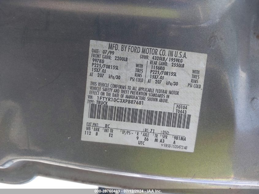 1999 Ford Ranger Xl/Xlt VIN: 1FTYR10C3XPB87681 Lot: 39760489