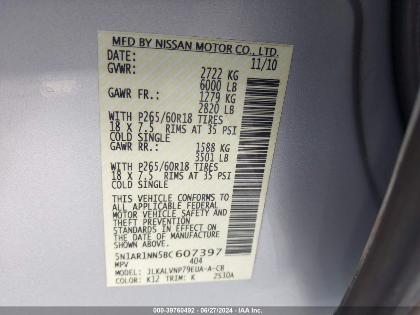 2011 Nissan Pathfinder Le VIN: 5N1AR1NN5BC607397 Lot: 39760492