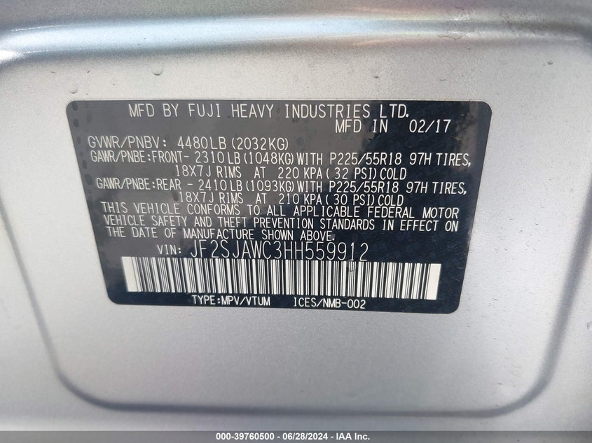 2017 SUBARU FORESTER 2.5I TOURING - JF2SJAWC3HH559912