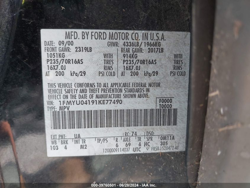 2001 Ford Escape Xlt VIN: 1FMYU04191KE77490 Lot: 39760501