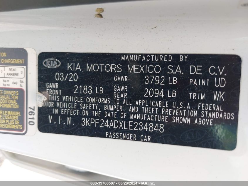 2020 Kia Forte Lxs VIN: 3KPF24ADXLE234848 Lot: 39760507