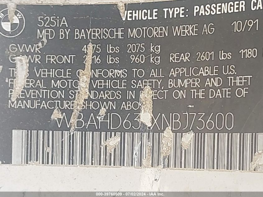 1992 BMW 525 I Automatic VIN: WBAHD631XNBJ73600 Lot: 39760509