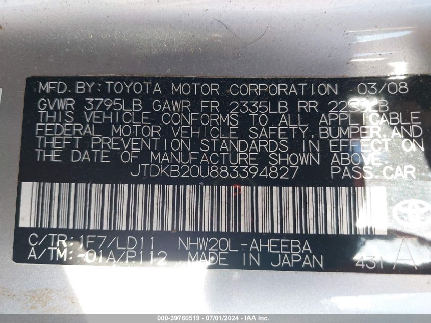 2008 Toyota Prius VIN: JTDKB20U883394827 Lot: 39760519