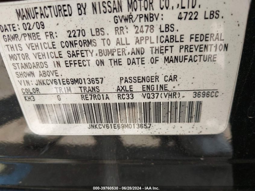 2009 Infiniti G37 Journey/Sport VIN: JNKCV61E69M013657 Lot: 39760530