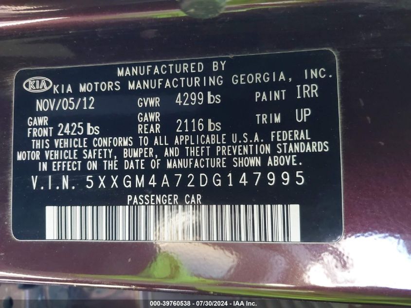 2013 Kia Optima Lx VIN: 5XXGM4A72DG147995 Lot: 39760538