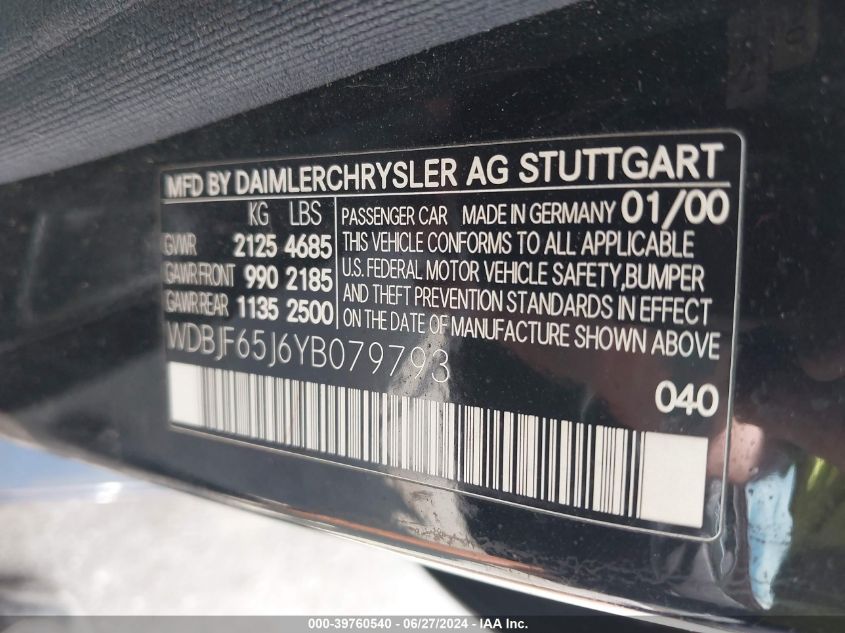 2000 Mercedes-Benz E 320 VIN: WDBJF65J6YB079793 Lot: 39760540