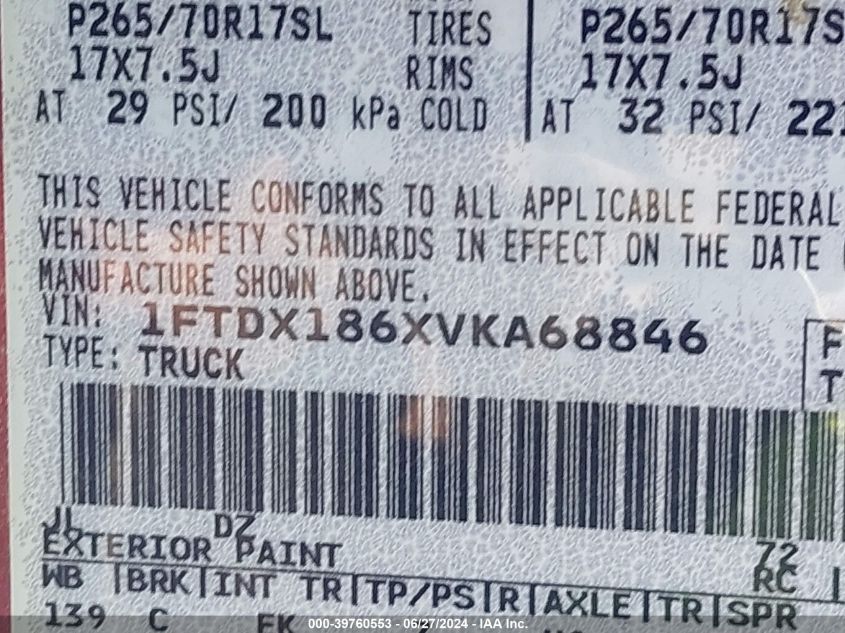 1997 Ford F-150 Lariat/Xl/Xlt VIN: 1FTDX186XVKA68846 Lot: 39760553