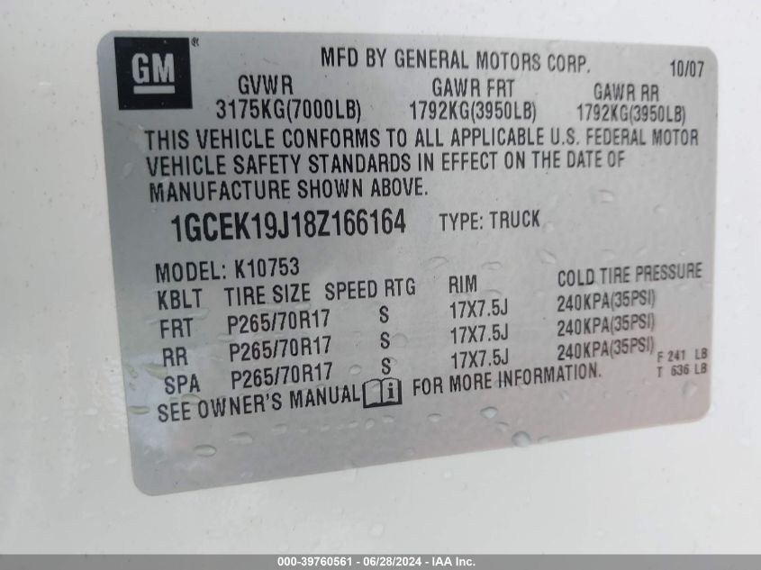 2008 Chevrolet Silverado K1500 VIN: 1GCEK19J18Z166164 Lot: 39760561