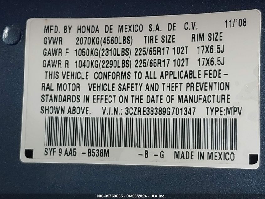 2009 Honda Cr-V Lx VIN: 3CZRE38389G701347 Lot: 39760565