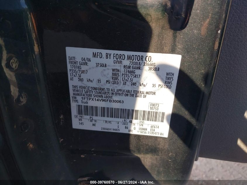2006 Ford F-150 VIN: 1FTPX14V96FB30063 Lot: 39760570