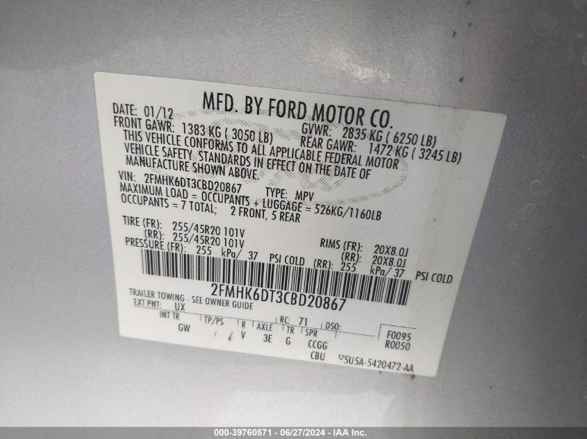 2012 Ford Flex Limited VIN: 2FMHK6DT3CBD20867 Lot: 39760571