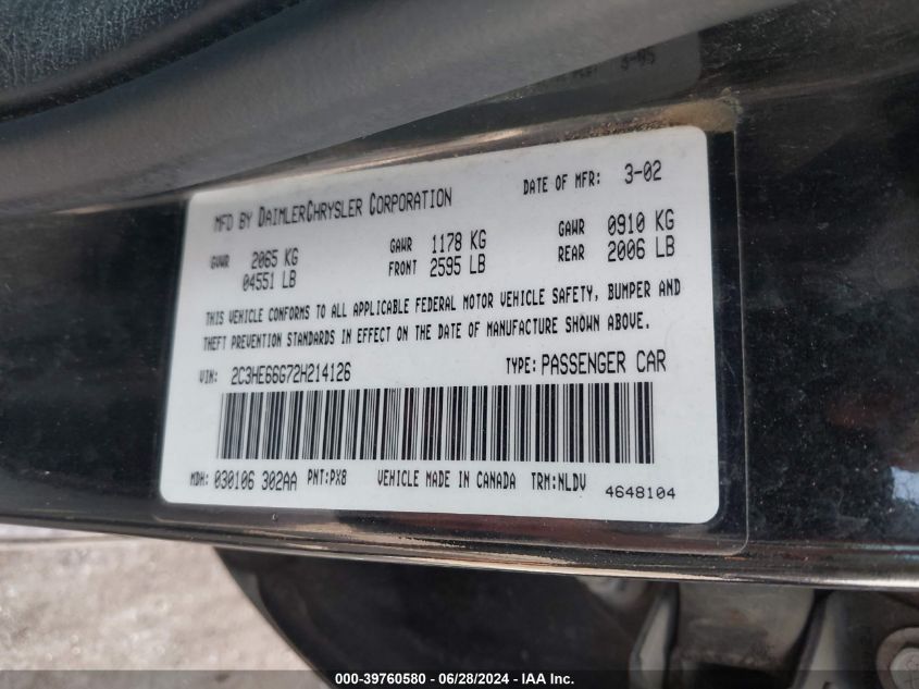 2002 Chrysler 300M VIN: 2C3HE66G72H214126 Lot: 39760580