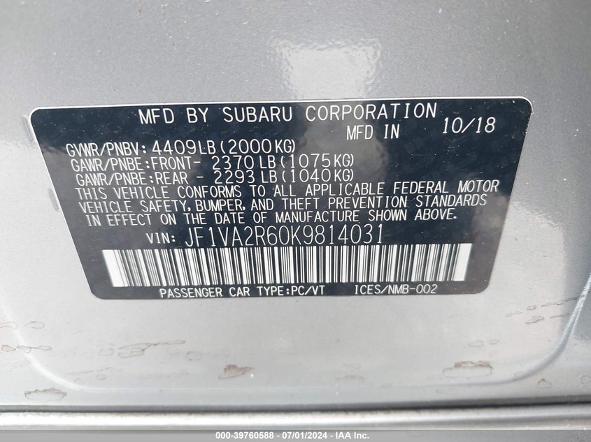 VIN JF1VA2R60K9814031 2019 SUBARU WRX STI