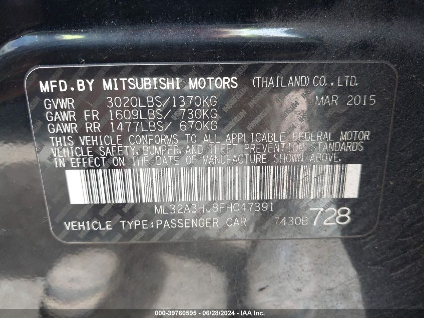 2015 Mitsubishi Mirage De VIN: ML32A3HJ8FH047391 Lot: 39760595