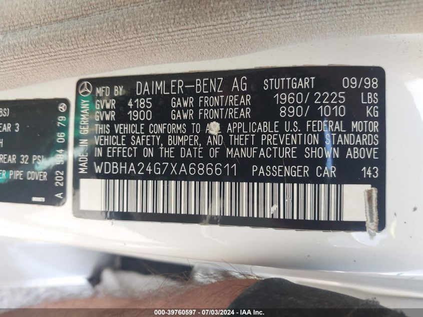 1999 Mercedes-Benz C 230 VIN: WDBHA24G7XA686611 Lot: 39760597