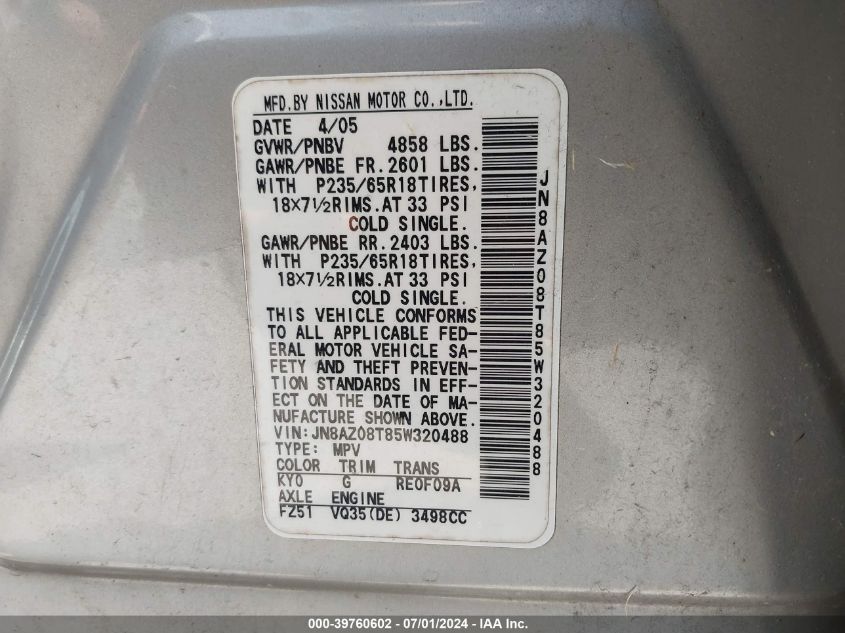 2005 Nissan Murano Sl VIN: JN8AZ08T85W320488 Lot: 39760602