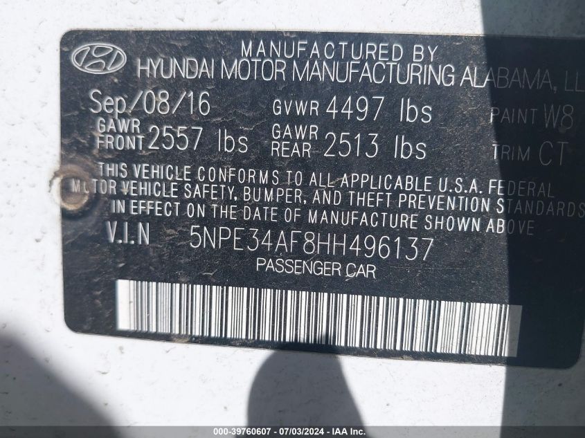 2017 Hyundai Sonata Sport VIN: 5NPE34AF8HH496137 Lot: 39760607