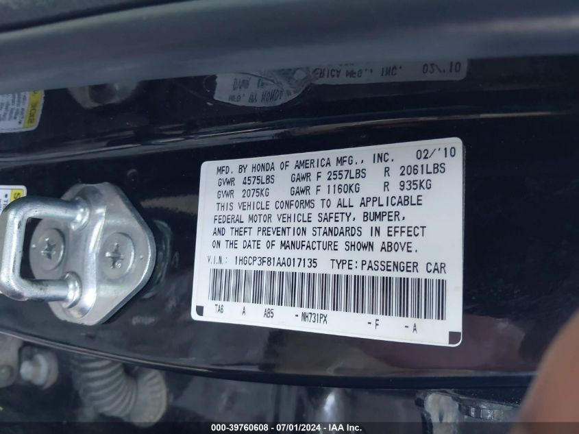 2010 Honda Accord 3.5 Ex-L VIN: 1HGCP3F81AA017135 Lot: 39760608