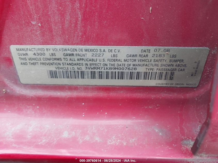 2009 Volkswagen Jetta Se/Sel VIN: 3VWRM71K89M007628 Lot: 39760614