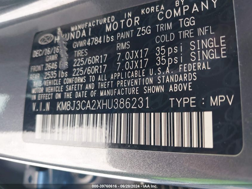 2017 Hyundai Tucson Eco VIN: KM8J3CA2XHU386231 Lot: 39760616