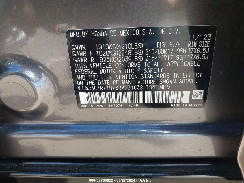 2024 Honda Hr-V 2Wd Ex-L/2Wd Ex-L W/O Bsi VIN: 3CZRZ1H76RM731038 Lot: 39760622