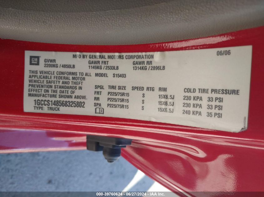 2006 Chevrolet Colorado Ls VIN: 1GCCS148568325802 Lot: 39760624