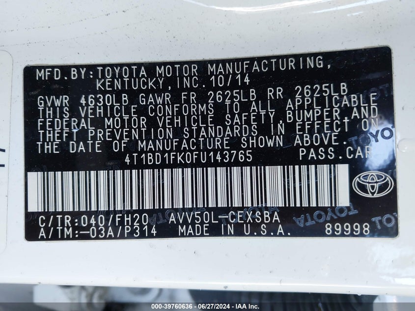 2015 Toyota Camry Hybrid Se VIN: 4T1BD1FK0FU143765 Lot: 39760636