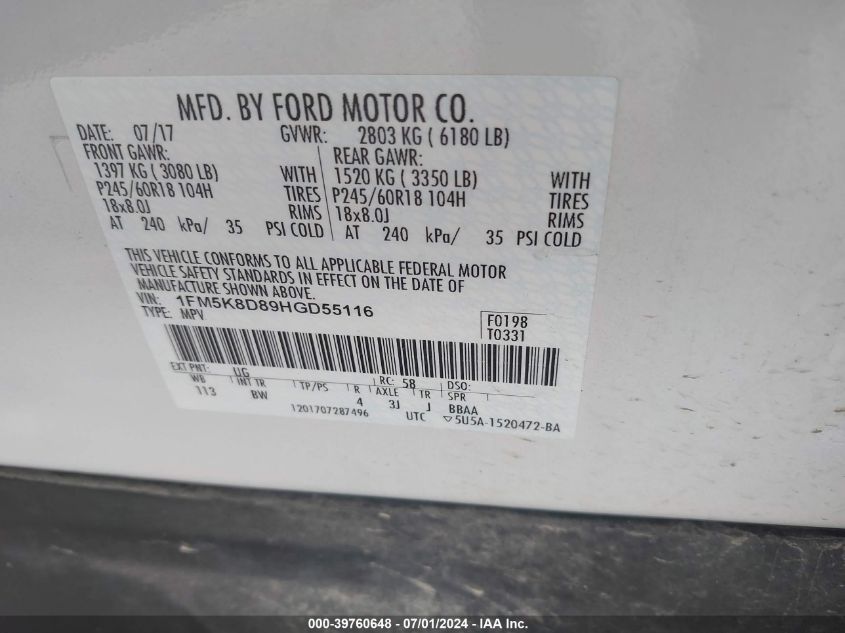 2017 Ford Explorer Xlt VIN: 1FM5K8D89HGD55116 Lot: 39760648