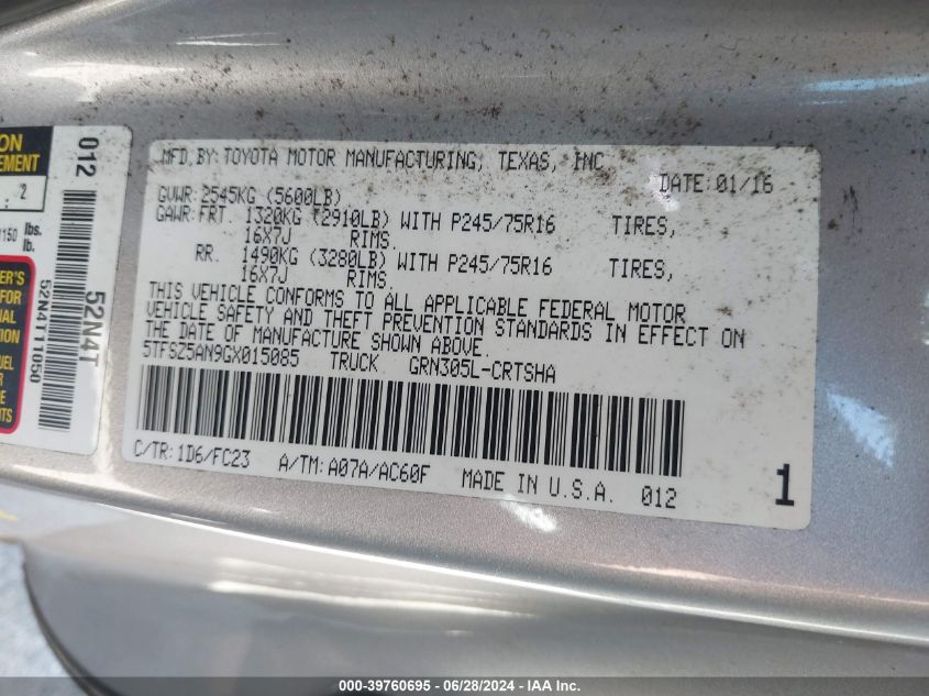 2016 Toyota Tacoma Access Cab/Sr5/Trd Spt/Or VIN: 5TFSZ5AN9GX015085 Lot: 39760695