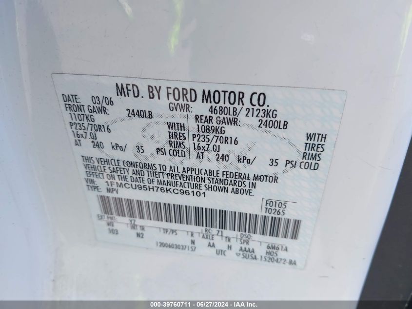 2006 Ford Escape Hybrid VIN: 1FMCU95H76KC96101 Lot: 39760711