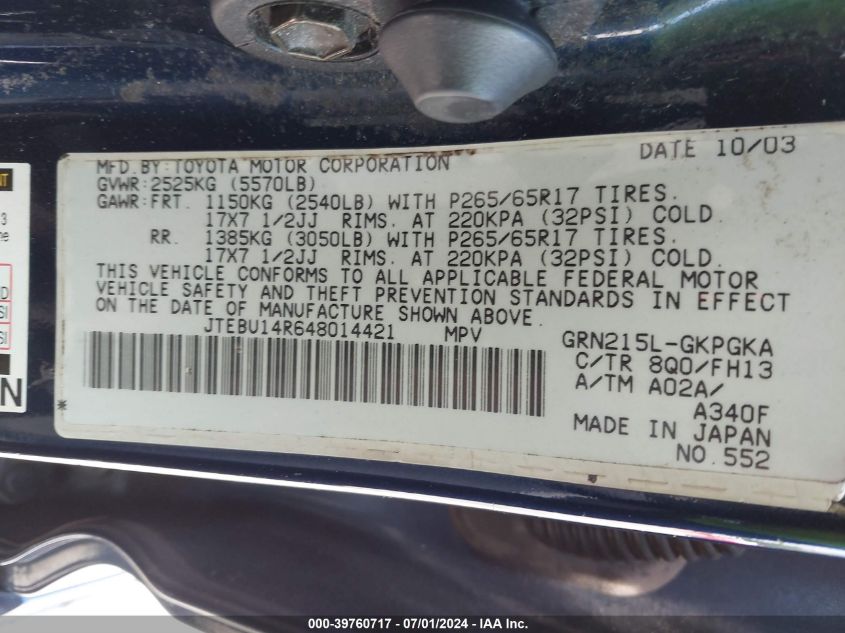 2004 Toyota 4Runner Sr5 Sport V6 VIN: JTEBU14R648014421 Lot: 39760717