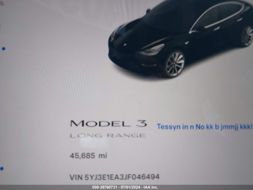 2018 Tesla Model 3 Long Range/Mid Range VIN: 5YJ3E1EA3JF046494 Lot: 39760731