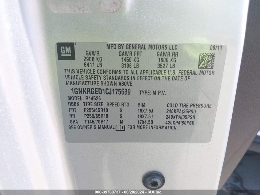 2012 Chevrolet Traverse 1Lt VIN: 1GNKRGED1CJ175639 Lot: 39760737