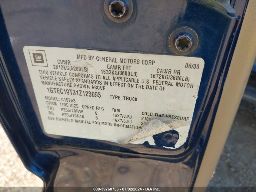 2001 GMC Sierra 1500 Sle VIN: 1GTEC19T31Z123093 Lot: 39760753