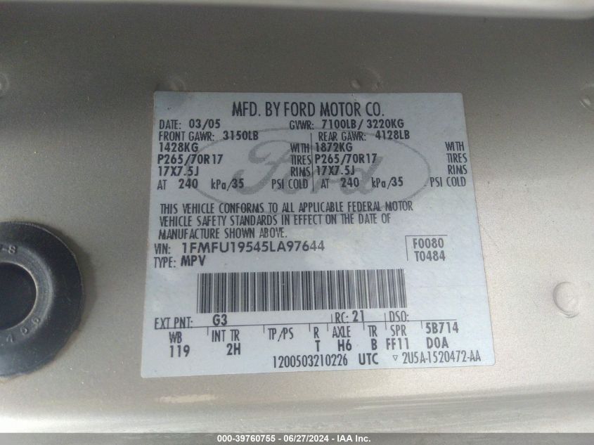 2005 Ford Expedition Limited VIN: 1FMFU19545LA97644 Lot: 39760755