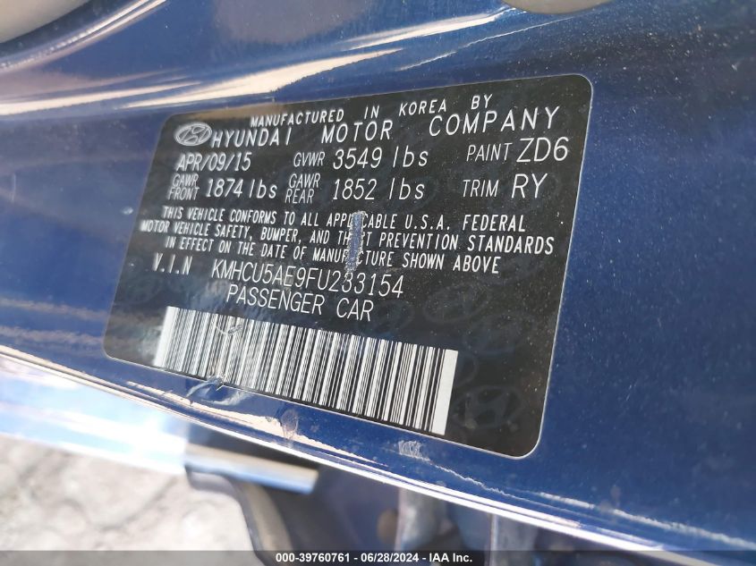 2015 Hyundai Accent Gls/Se VIN: KMHCU5AE9FU233154 Lot: 39760761