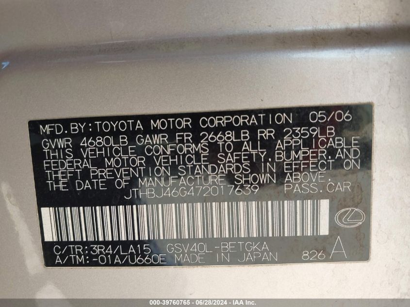 2007 Lexus Es 350 VIN: JTHBJ46G472017639 Lot: 39760765