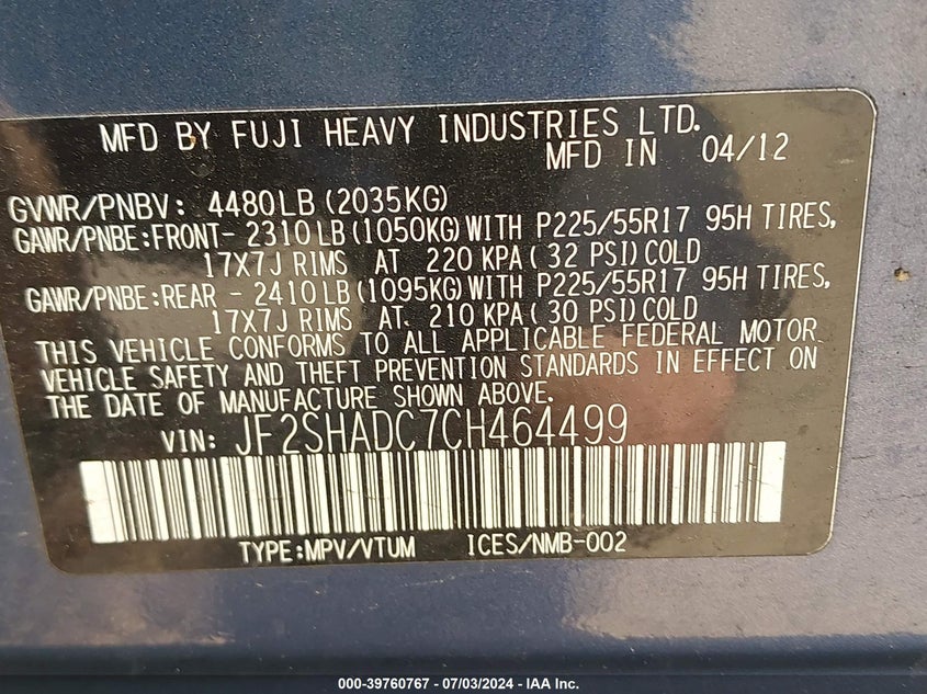 2012 Subaru Forester 2.5X Premium VIN: JF2SHADC7CH464499 Lot: 39760767