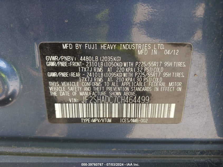 2012 Subaru Forester 2.5X Premium VIN: JF2SHADC7CH464499 Lot: 39760767