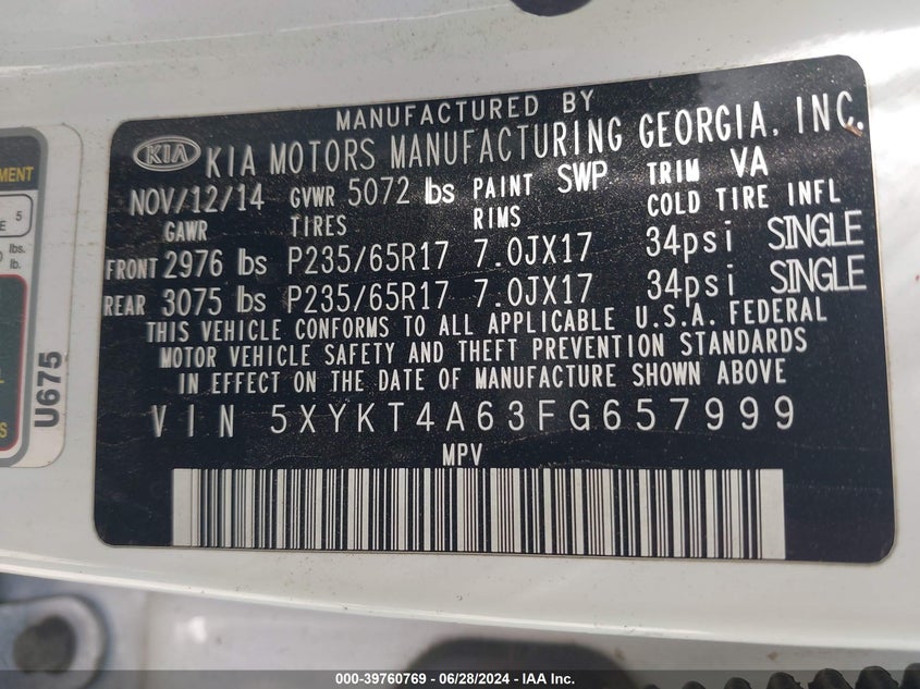 2015 Kia Sorento Lx VIN: 5XYKT4A63FG657999 Lot: 39760769