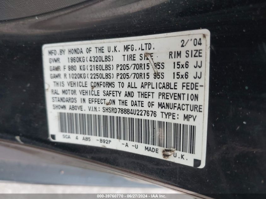 2004 Honda Cr-V Ex VIN: SHSRD78884U227676 Lot: 39760770