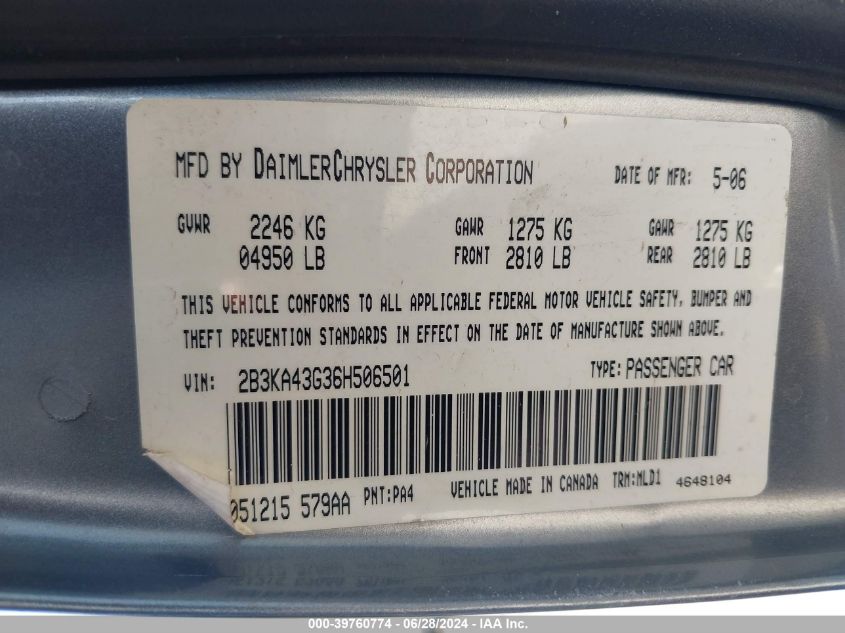 2006 Dodge Charger VIN: 2B3KA43G36H506501 Lot: 39760774